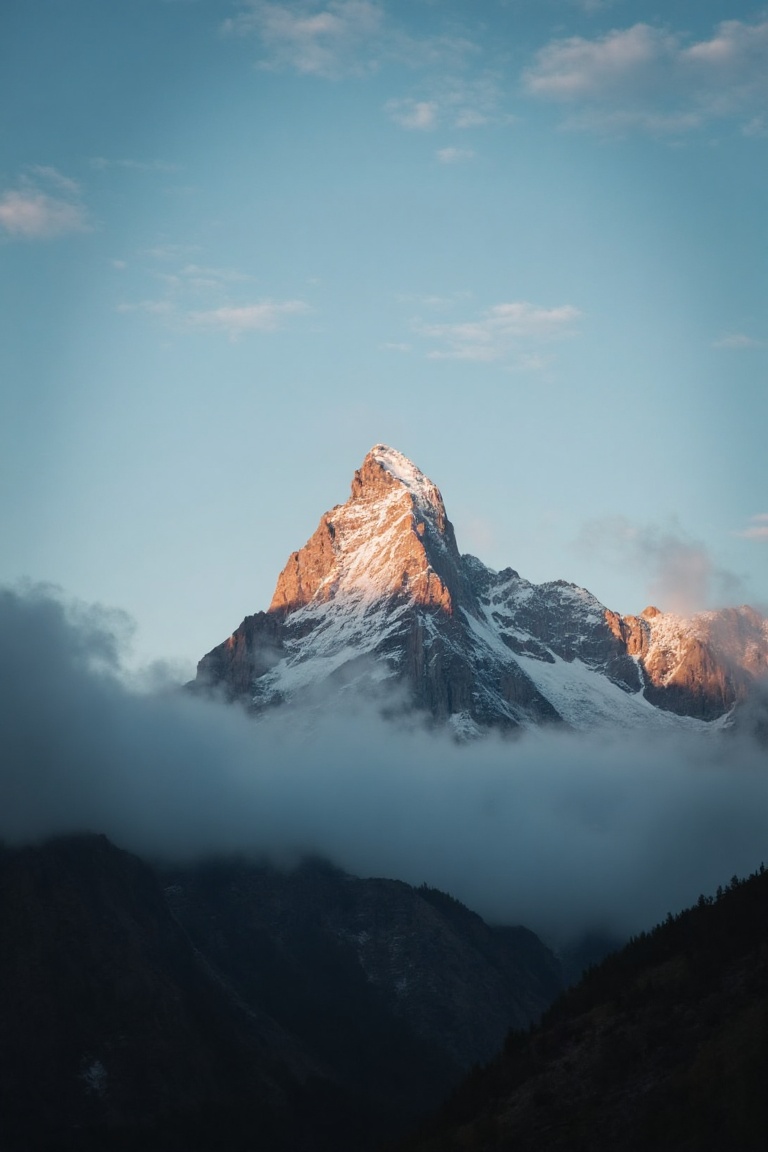A serene photograph captures a majestic mountain peak at dawn,  with soft golden light illuminating the snow-capped summit...