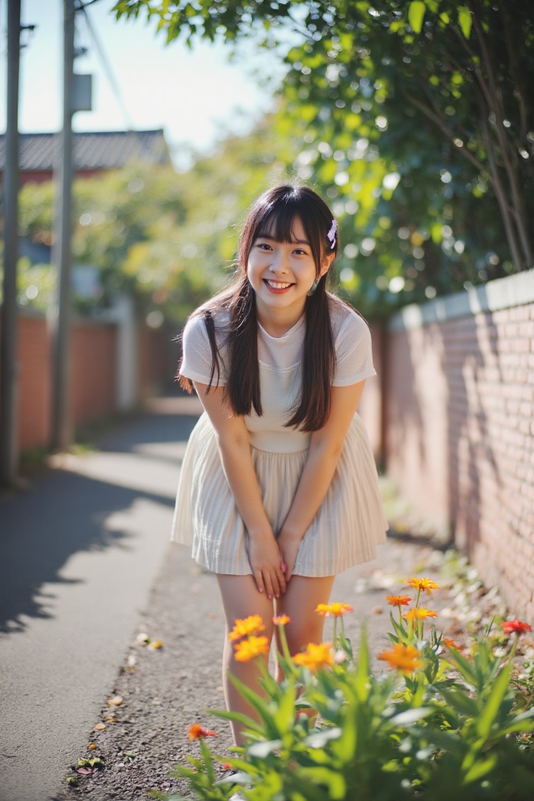 A joyful Japanese schoolgirl stands with a radiant smile,  her hands nestled in the pleats of her uniform skirt. Soft morn...