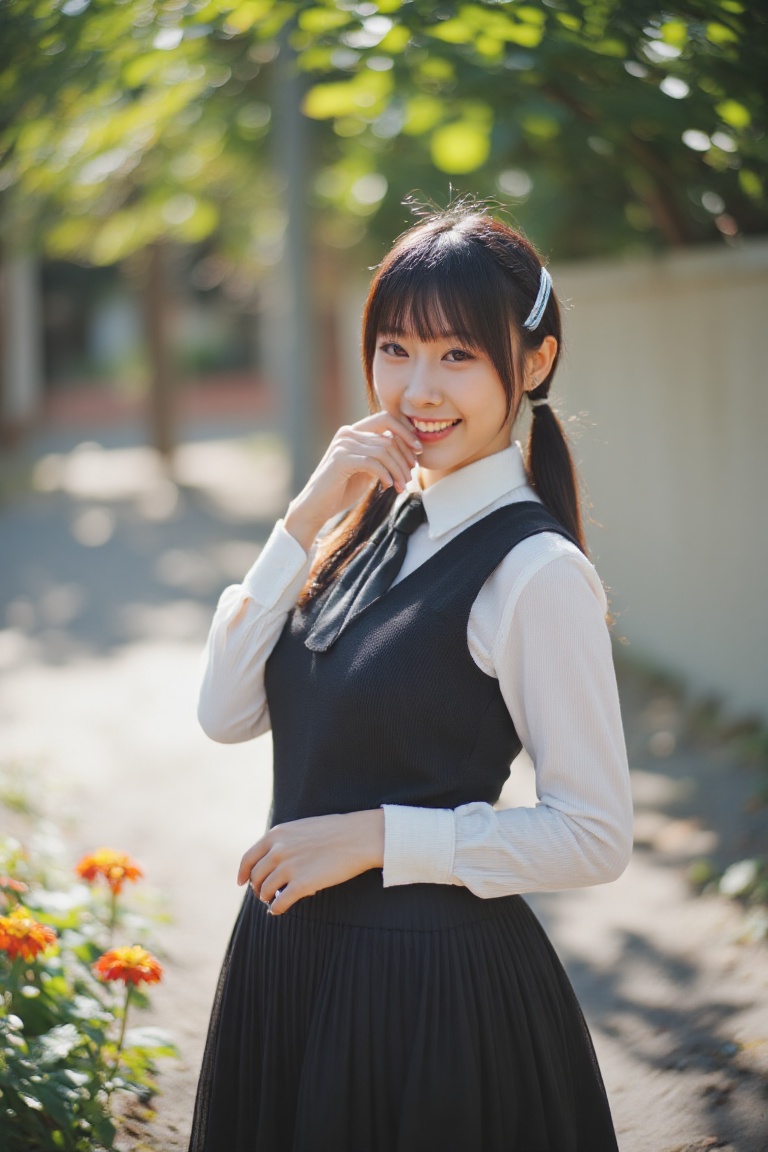 A cheerful Japanese woman,  dressed in a crisp school uniform,  stands with a bright smile and a relaxed posture on Tensor...