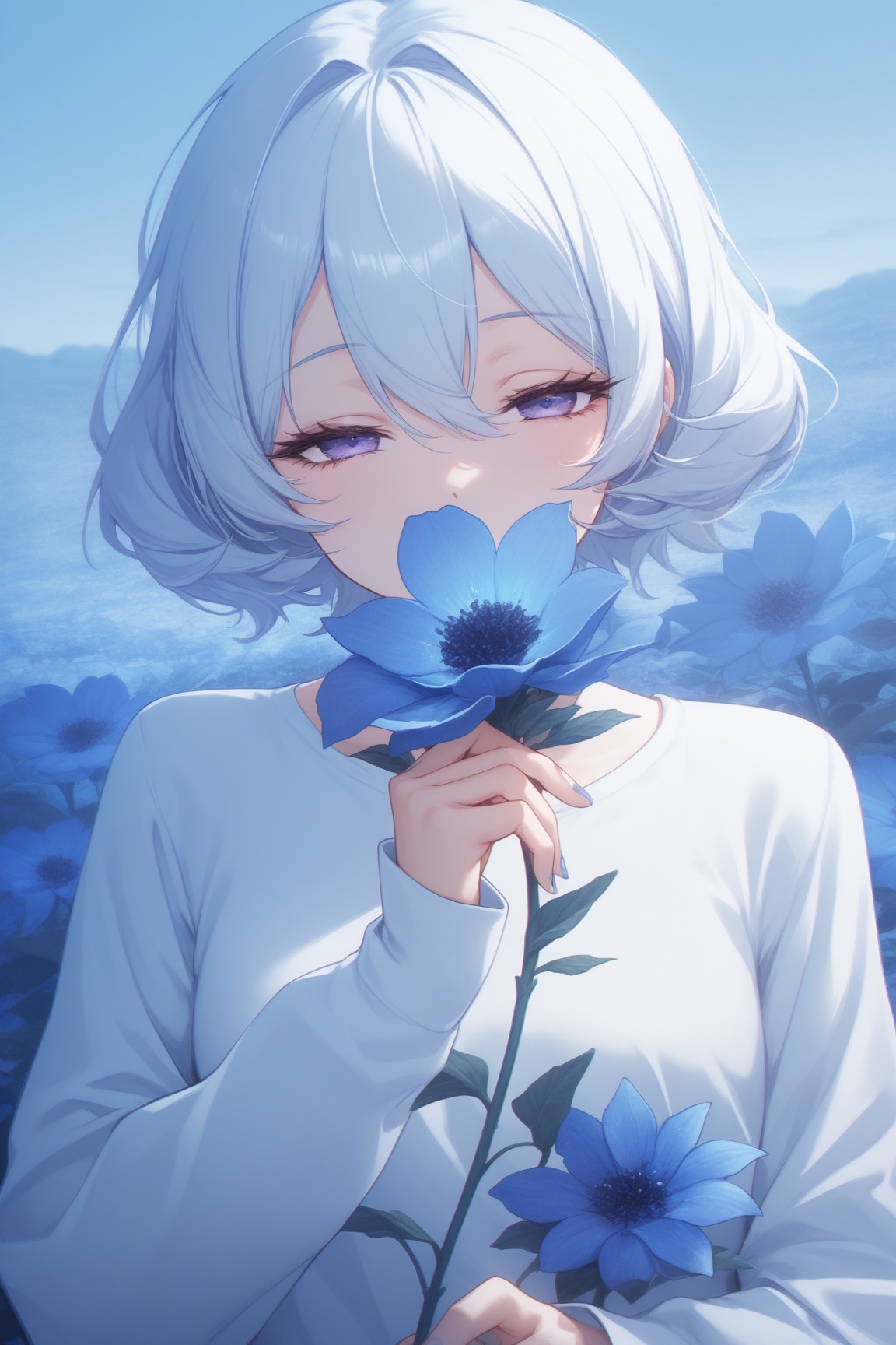 1girl,  looking at viewer,  holding a big blue flower on Tensor.Art