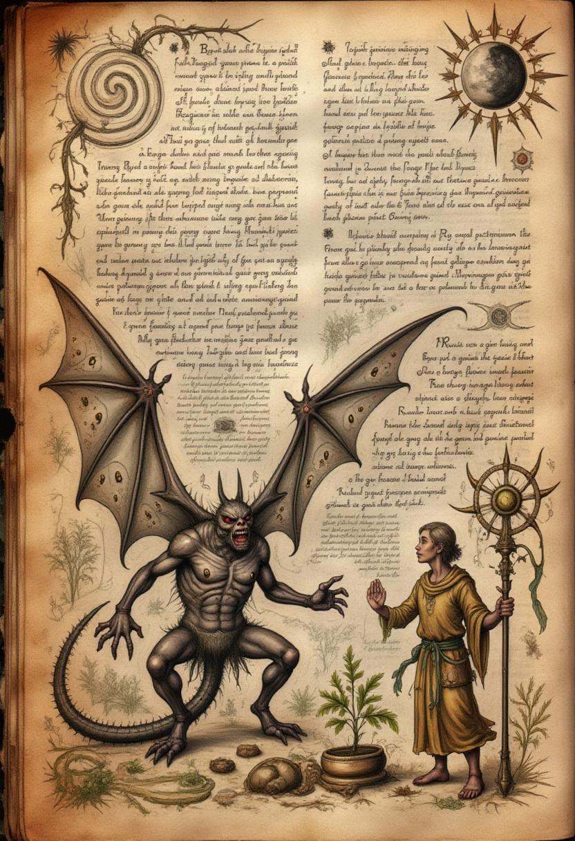 spllbkpg,  On a heavily aged and tattered page,  a monstrous creature with bat-like wings crouches on Tensor.Art