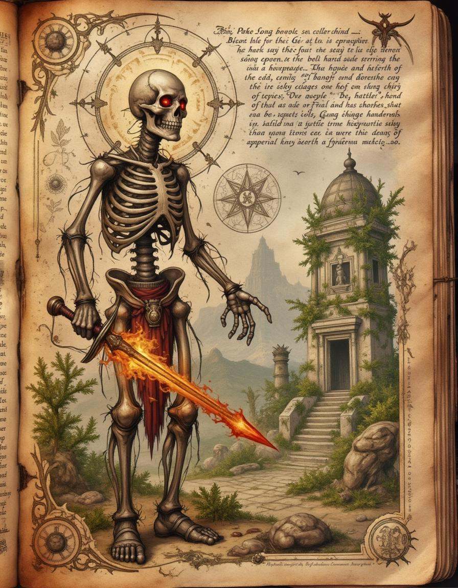 spllbkpg,  A brittle and cracked page depicts a skeleton warrior wielding a flaming sword. The skeletal figure is clad in...