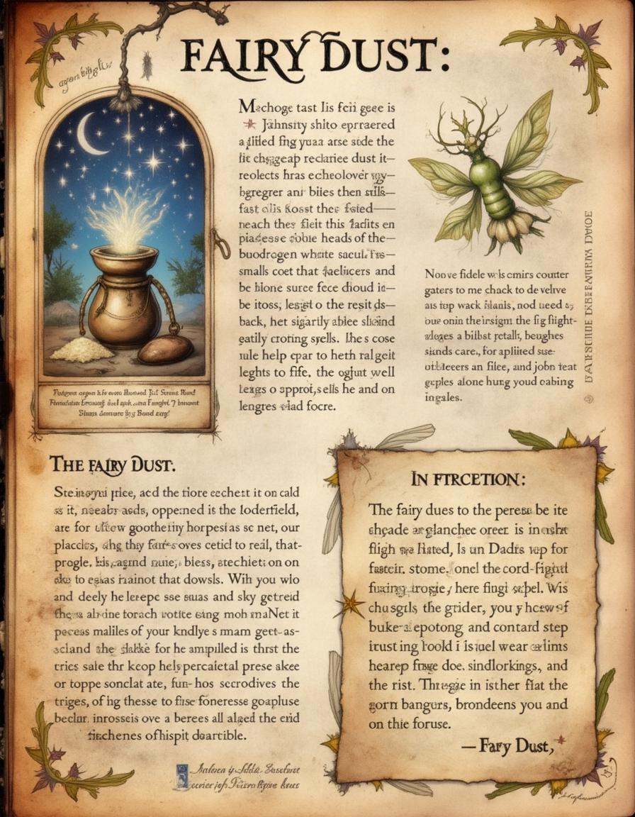 spllbkpg,  The guide introduces the properties of Fairy Dust,  known for its levitation effects. The central illustration...