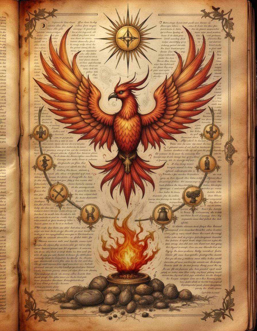 spllbkpg,  On a stained piece of parchment,  an illustration of a phoenix rising from its ashes takes center stage. Its wi...