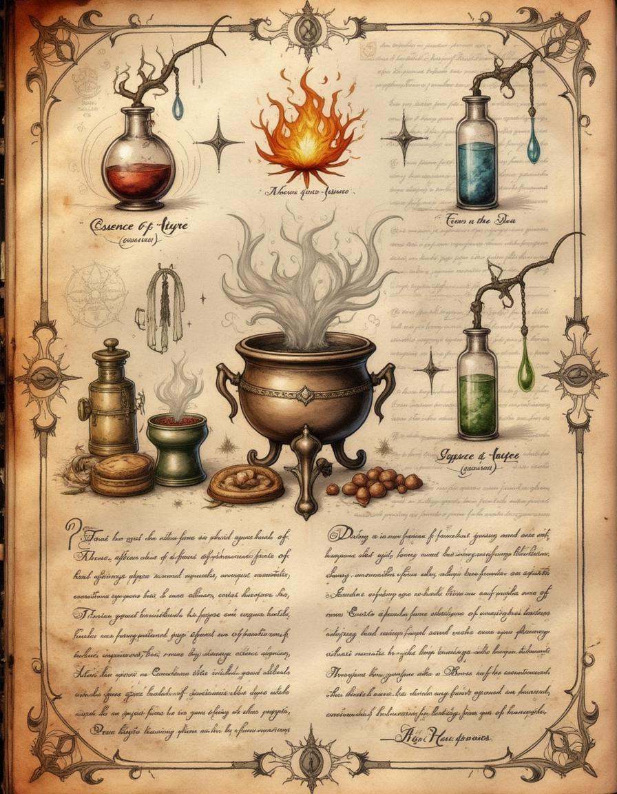 spllbkpg,  An alchemists observation page showing the effects of combining fire and water essences,  with a sketched cauld...