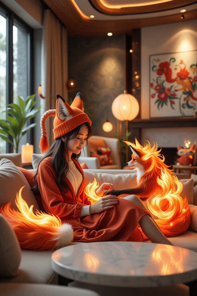 1girl sits on the big sofa and plays with a pet,  a fire fox in a big living room,  interior design on Tensor.Art