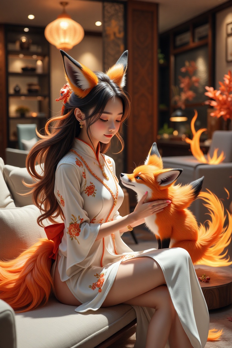 1girl sits on the big sofa and plays with a pet,  a fire fox in a big living room,  interior design on Tensor.Art