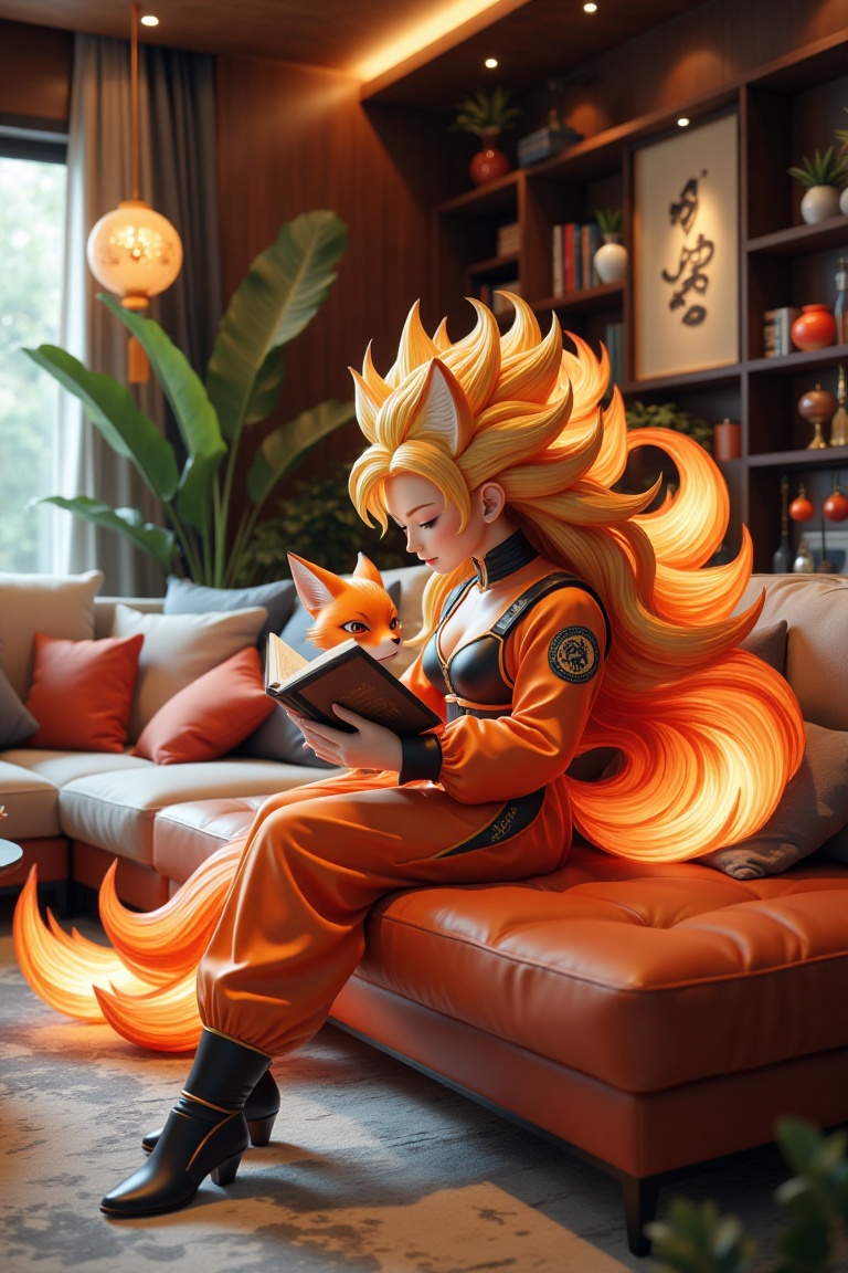 1girl sits on the big sofa and plays with a pet,  a fire fox in a living room,  interior design on Tensor.Art