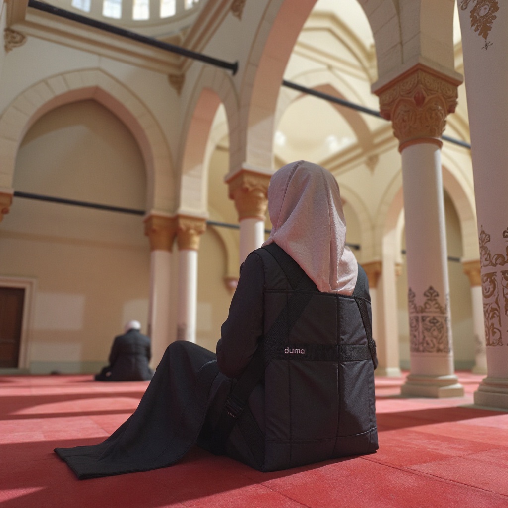 anime style of A hijabi woman sits serenely on the iconic a black floor duma chair labeled "duma",  its sleek black surfac...