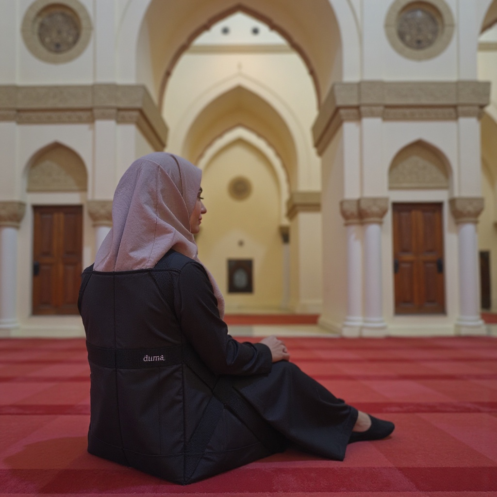 A hijabi woman sits serenely on the iconic a black floor duma chair labeled "duma",  its sleek black surface contrasting w...