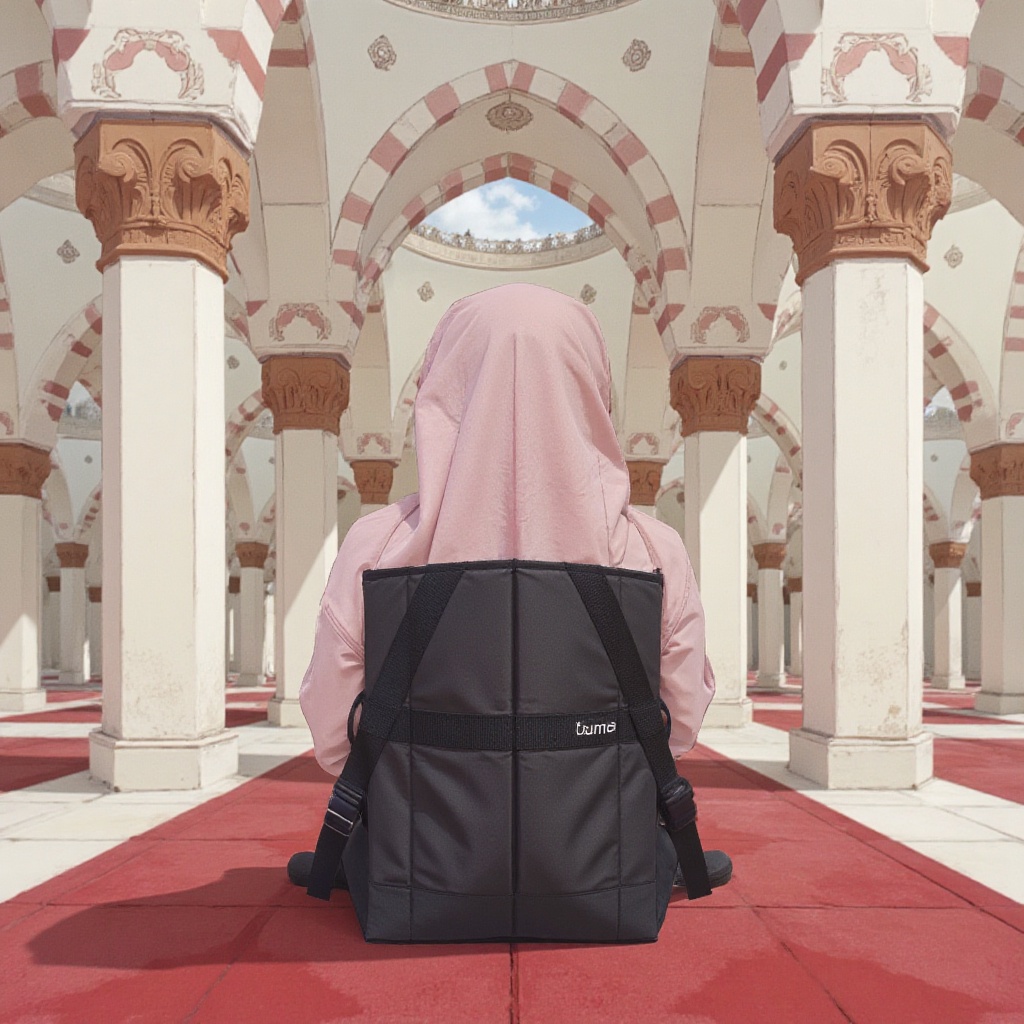 anime style of A hijabi woman sits serenely on the iconic a black floor duma chair labeled "duma",  its sleek black surfac...
