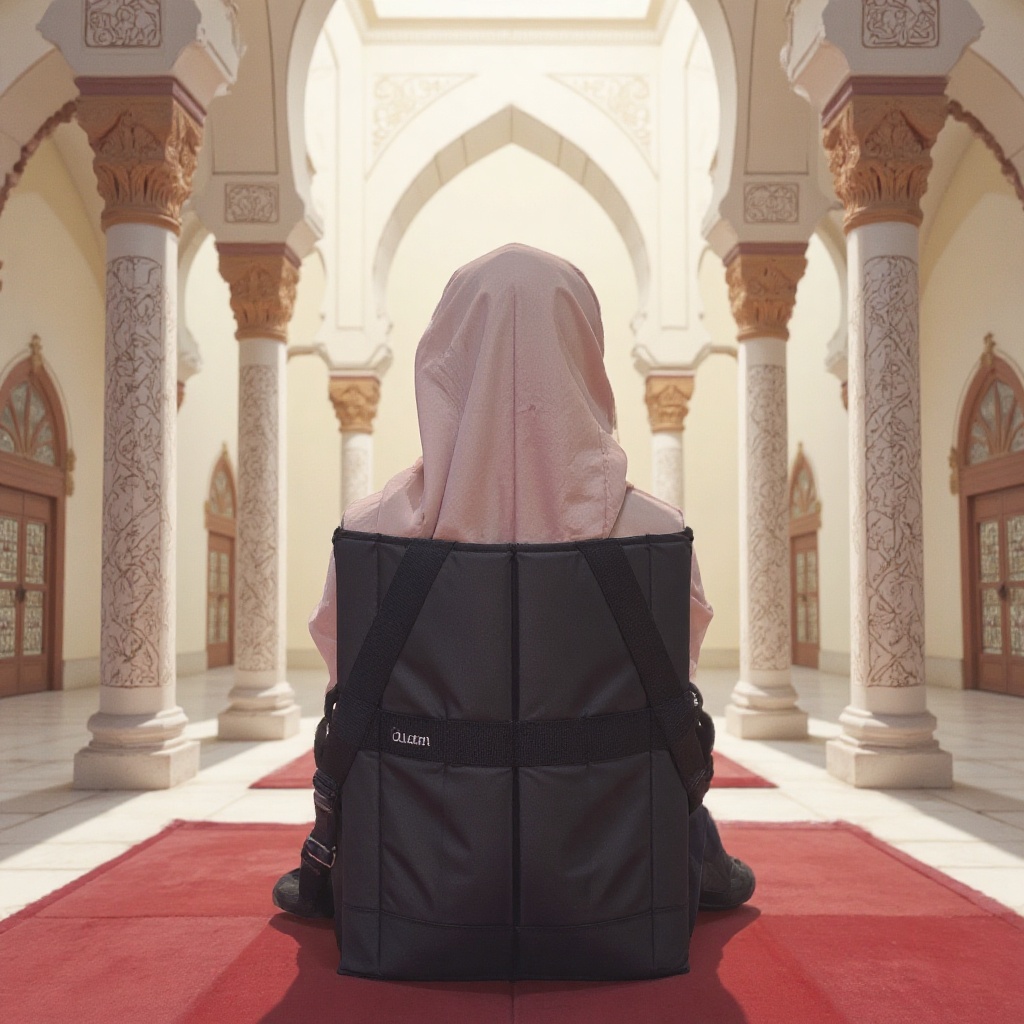 anime style of A hijabi woman sits serenely on the iconic a black floor duma chair labeled "duma",  its sleek black surfac...