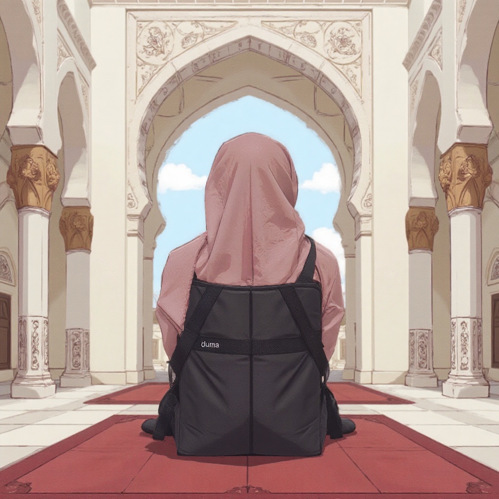 cartoon style of A hijabi woman sits serenely on the iconic a black floor duma chair labeled "duma",  its sleek black surf...