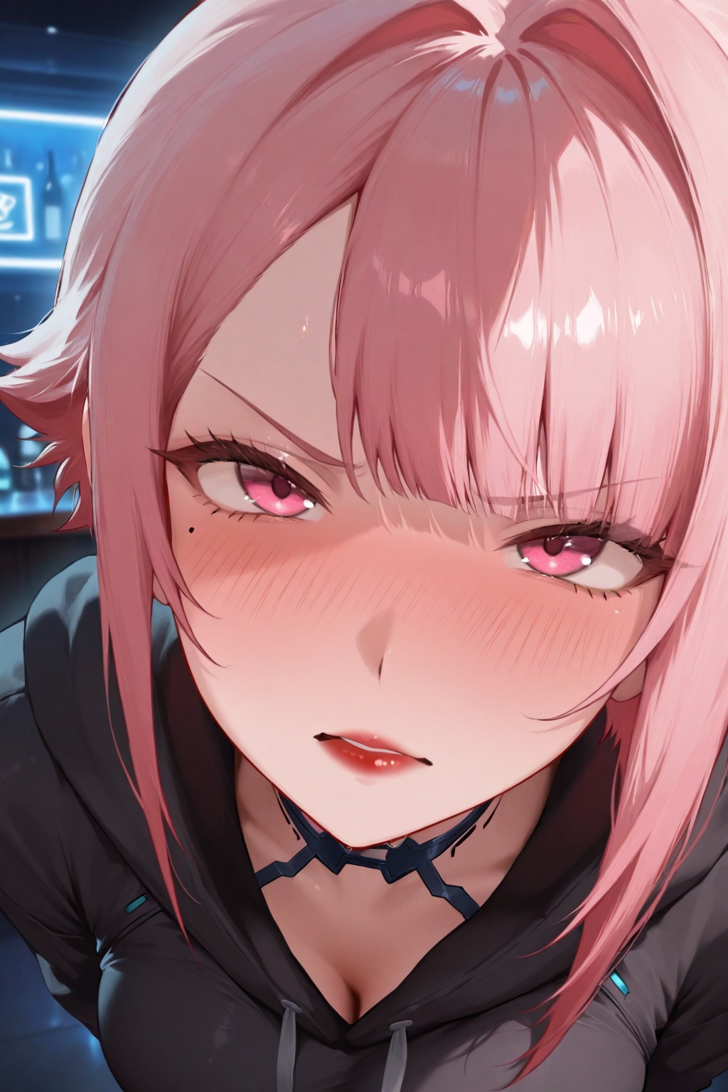 masterpiece, best quality, amazing quality, very aesthetic, high resolution, ultra-detailed, absurdres, newest, 8k UHD, POV, close up, 1girl, solo, look at viewer, short pink hair, bangs, pink eyes, red lips, tsundere, blushing, angry cute face, cyberpunk style, bar, standing, black hoodie, red shirt