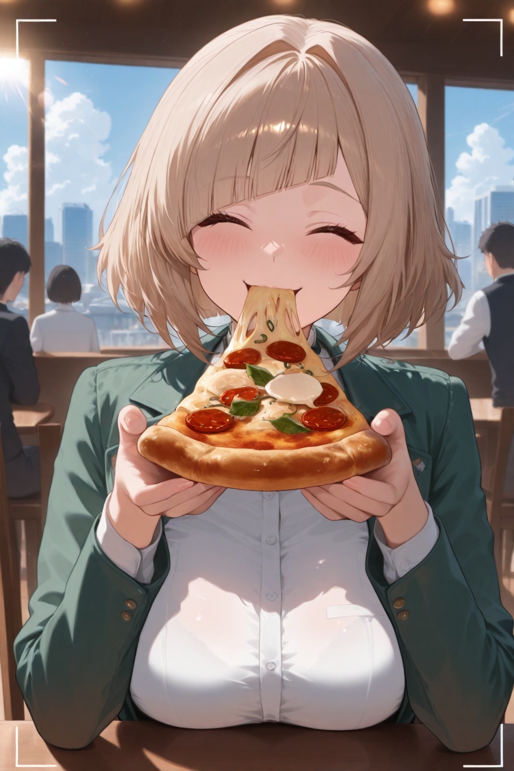 masterpiece, best quality, very aesthetic, ultra-detailed, incredibly absurdres, viewfinder, facing view, upper body, 1girl, solo focus, eating pizza, light brown hair, short hair, bob cut, hair intakes, wavy hair, diagonal bangs, happy, excited, green jacket, white shirt, restaurant, sitting on chair, table, indoors, volumetric lighting, window, city, blue sky, clouds, sunlight, shade