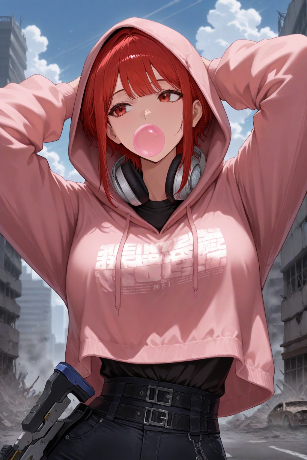 masterpiece, best quality, very aesthetic, ultra-detailed, absurdres, upper body, facing viewer, hands behind own head, 1girl, solo, look away, red hair, medium hair, choppy bangs, himecut, sidelocks, red eyes, bubble gum, pink hoodie, hood up, black shirt, techwear, plasma rifle, (weapon on own behind), headphone on neck, apocalypse, ruined city, blue sky, street, clouds, sci-fi