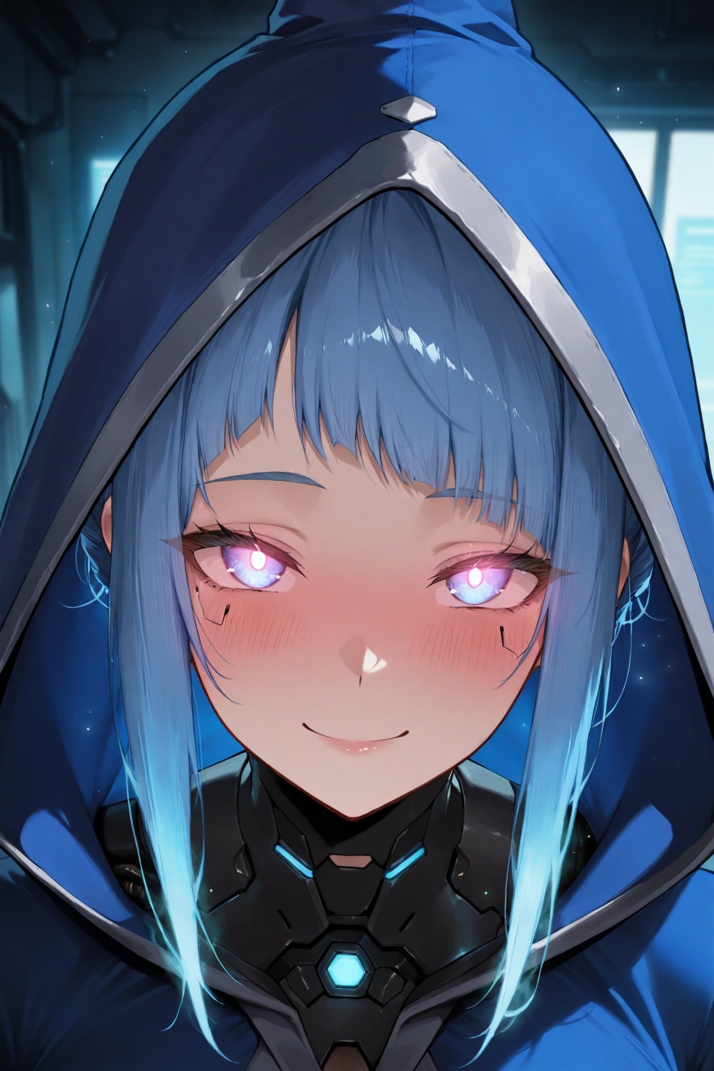 masterpiece, best quality, amazing quality, very aesthetic, high resolution, ultra-detailed, absurdres, newest, 8k UHD, close up, cyborg, 1girl, solo, look at viewer, short blue hair, bobbed hairstyle, bangs, slight smile, happy face, blushing, glowing eyes, cyberpunk, indoors, sorceress, blue robe, hood, magic, fantasy, blue energy aura, blue light particles, neon room