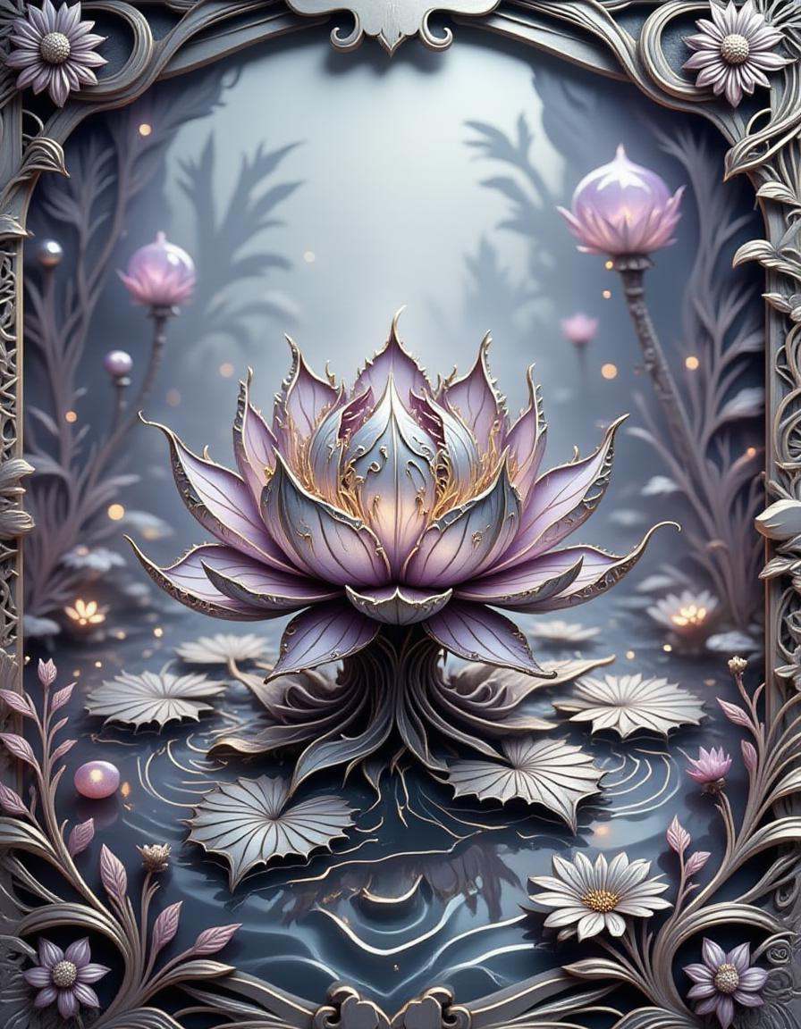 A highly detailed silver dimtlsclptr of a lotus flower,  the dimtlsclptr features delicate ribbons of metal forming the ov...