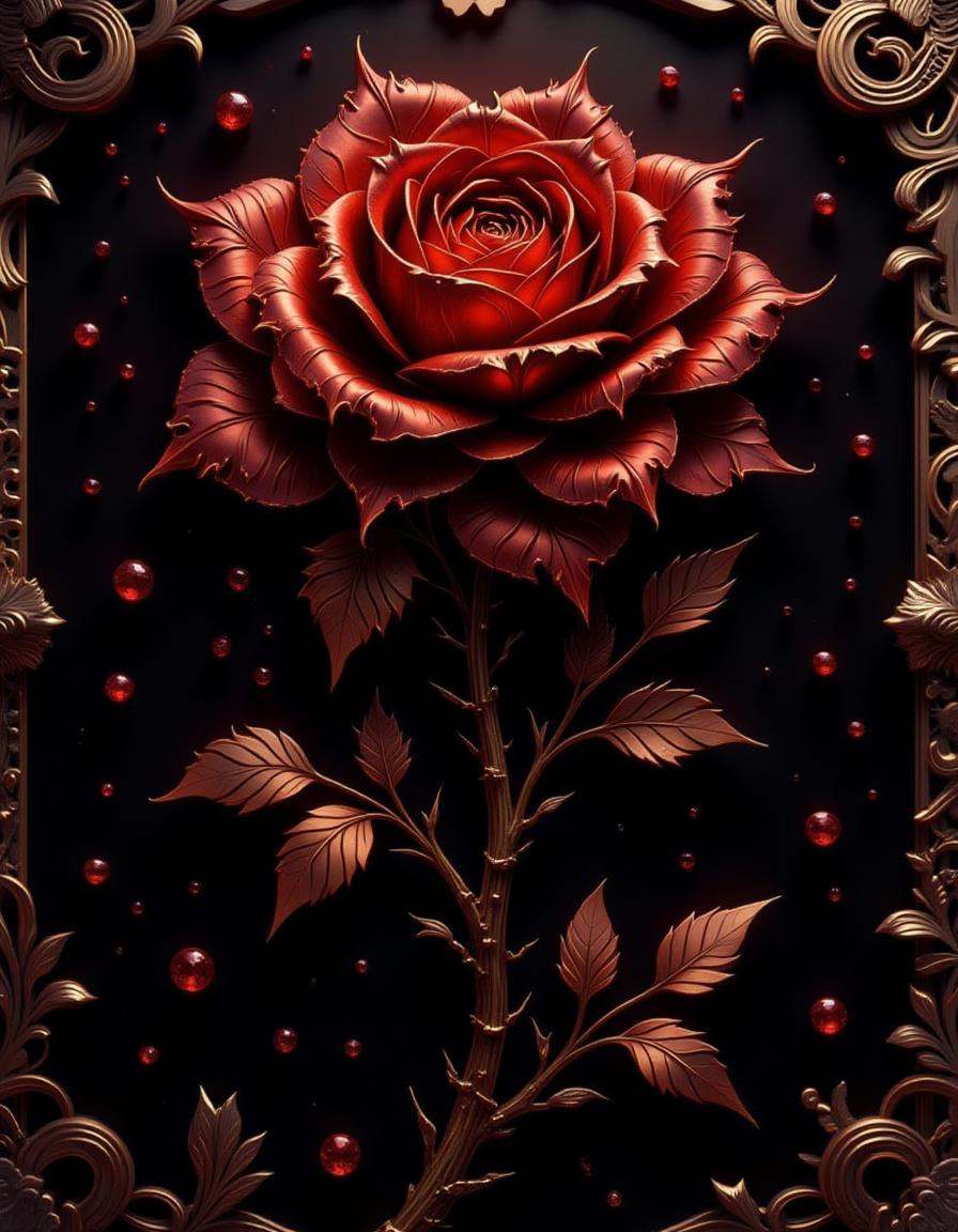 best_of,  A highly detailed ruby red dimtlsclptr of a rose,  the dimtlsclptr features ribbons of gleaming metal sculpted i...