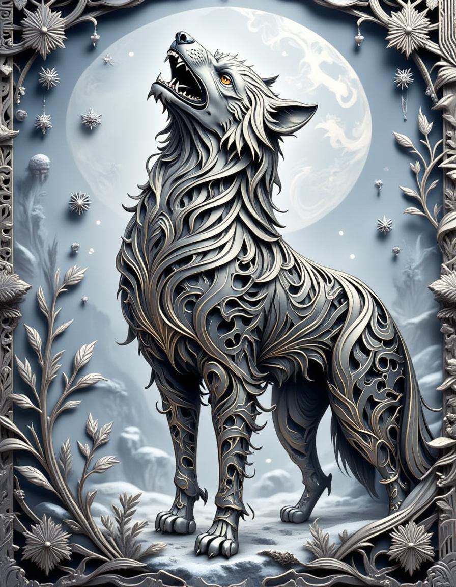 best_of,  A highly detailed platinum dimtlsclptr of a wolf,  the dimtlsclptr features intertwining ribbons of metal formin...