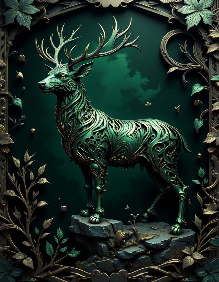 best_of,  A highly detailed emerald green dimtlsclptr of a stag,  the dimtlsclptr features sleek ribbons of metal forming...