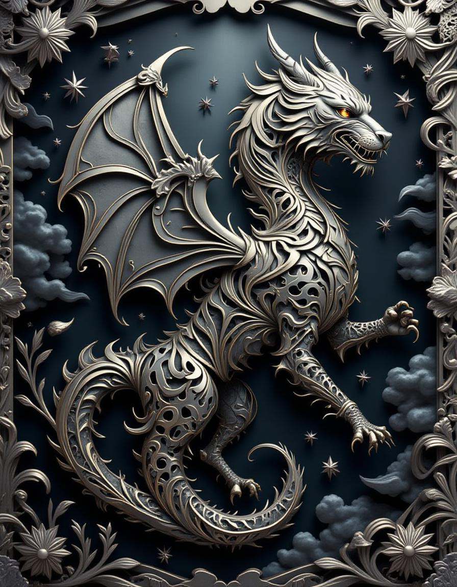 best_of,  A highly detailed silver dimtlsclptr of a dragon,  the dimtlsclptr features flowing ribbons of metal that form i...