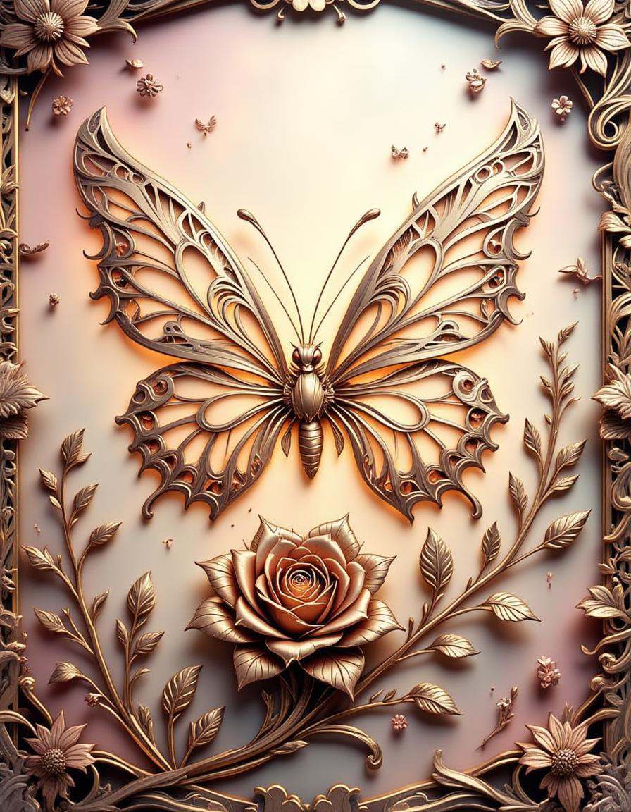 best_of,  A highly detailed rose gold dimtlsclptr of a butterfly,  the dimtlsclptr features delicate ribbons of metal form...