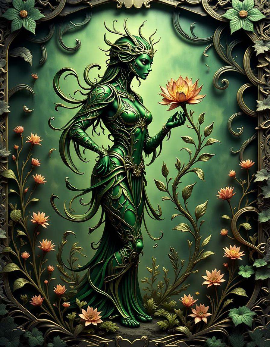 A highly detailed verdant-green dimtlsclptr of a garden spirit,  the dimtlsclptr features flowing metallic ribbons forming...