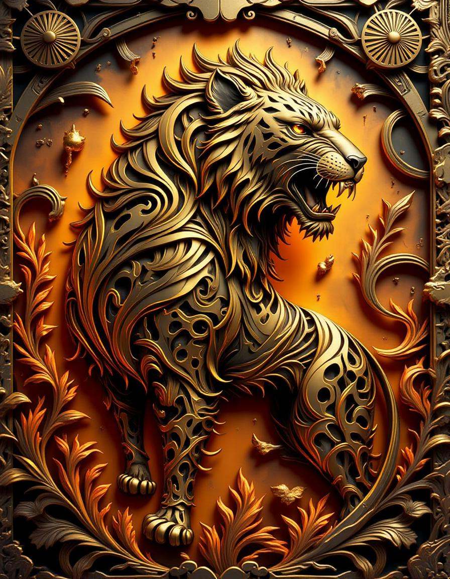 best_of,  A highly detailed golden amber dimtlsclptr of a lion,  the dimtlsclptr features bold on Tensor.Art