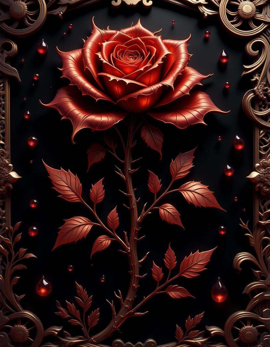 A highly detailed ruby red dimtlsclptr of a rose,  the dimtlsclptr features ribbons of gleaming metal sculpted into lifeli...