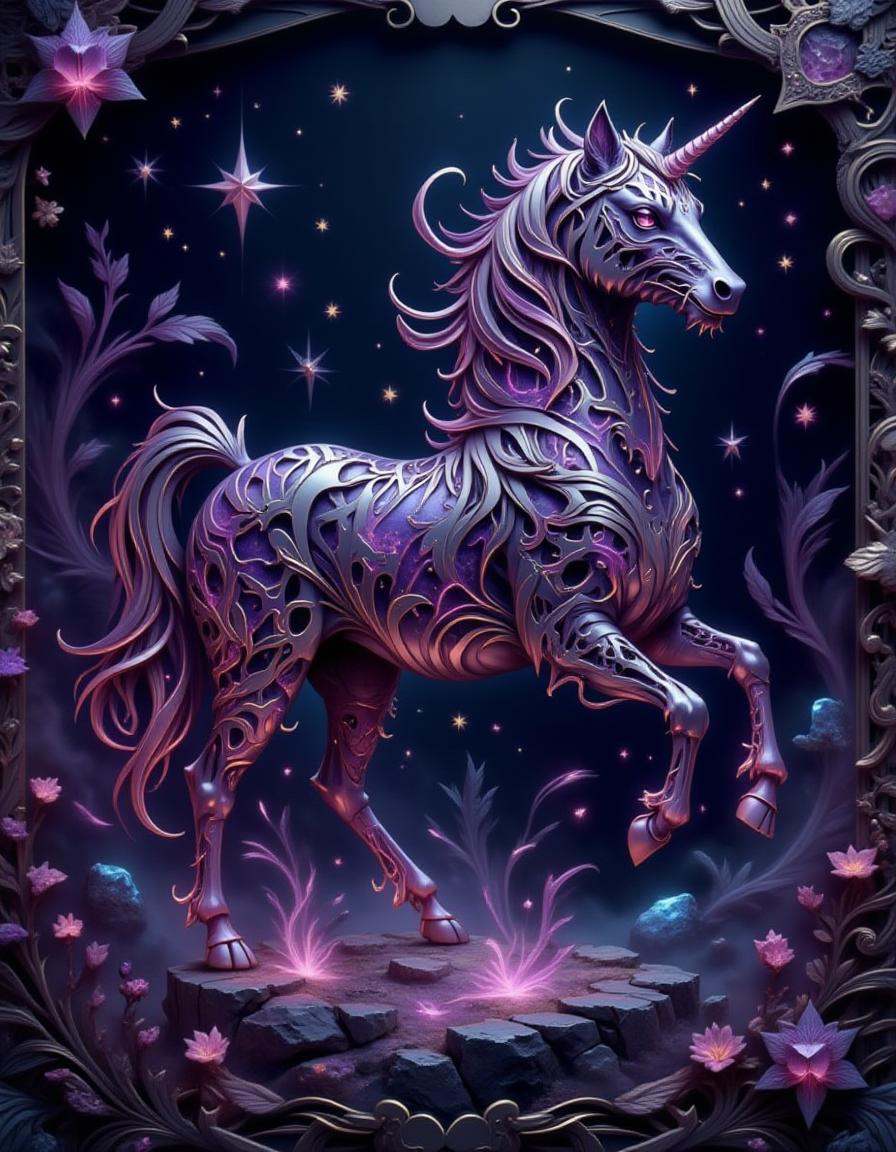 best_of,  A highly detailed amethyst and glowing-violet dimtlsclptr of a mythical unicorn,  the dimtlsclptr features metal...