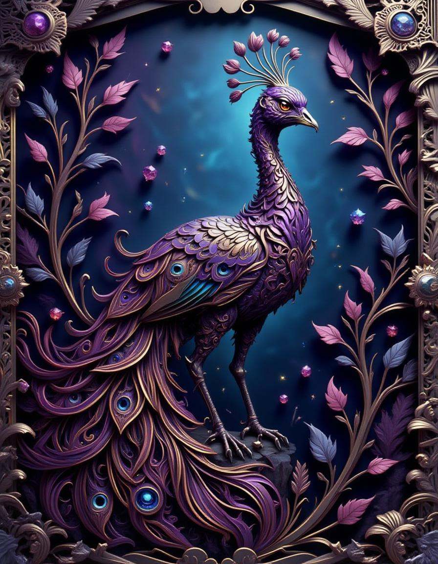 best_of,  A highly detailed amethyst purple dimtlsclptr of a peacock,  the dimtlsclptr features flowing metallic ribbons t...