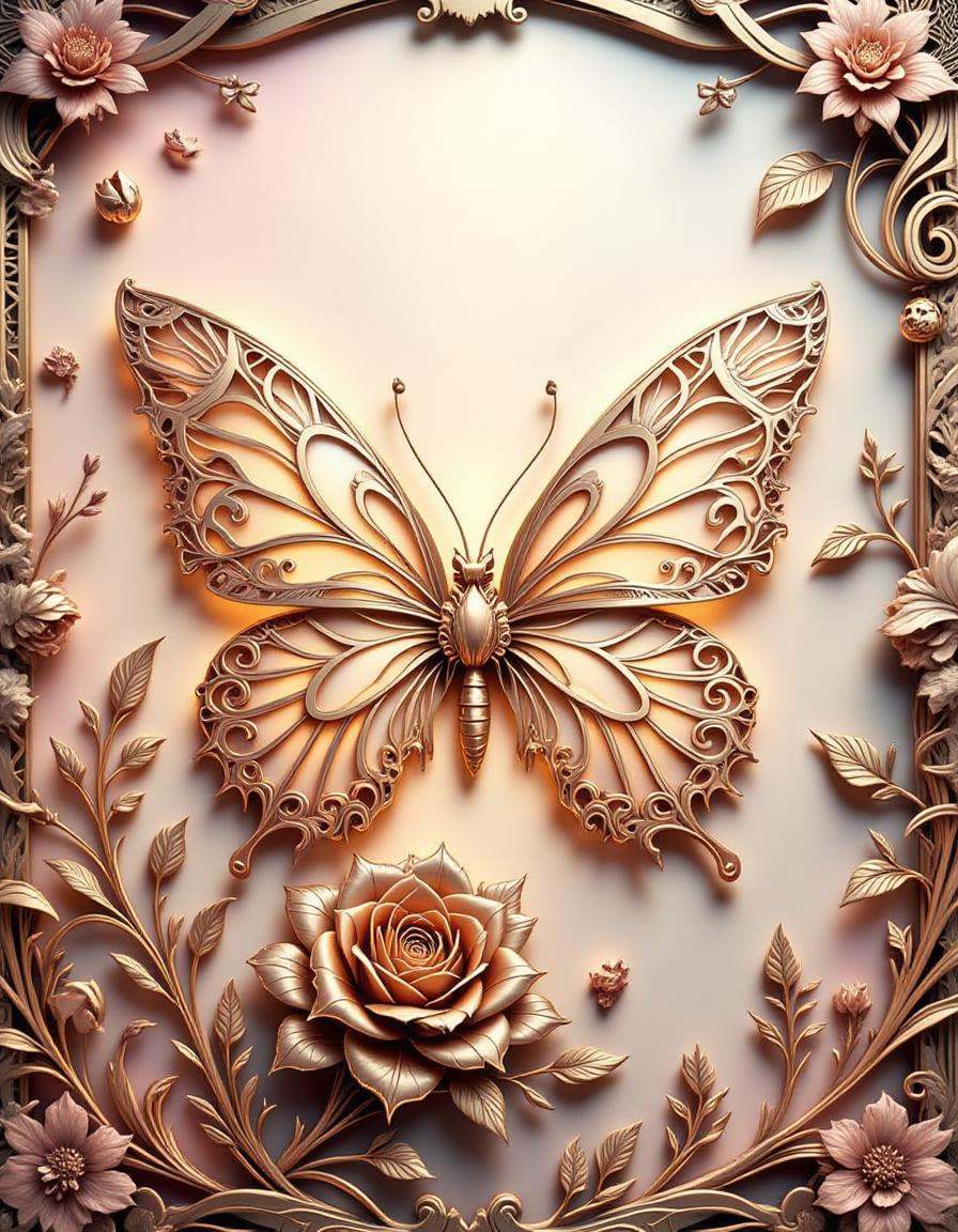 A highly detailed rose gold dimtlsclptr of a butterfly,  the dimtlsclptr features delicate ribbons of metal forming ornate...