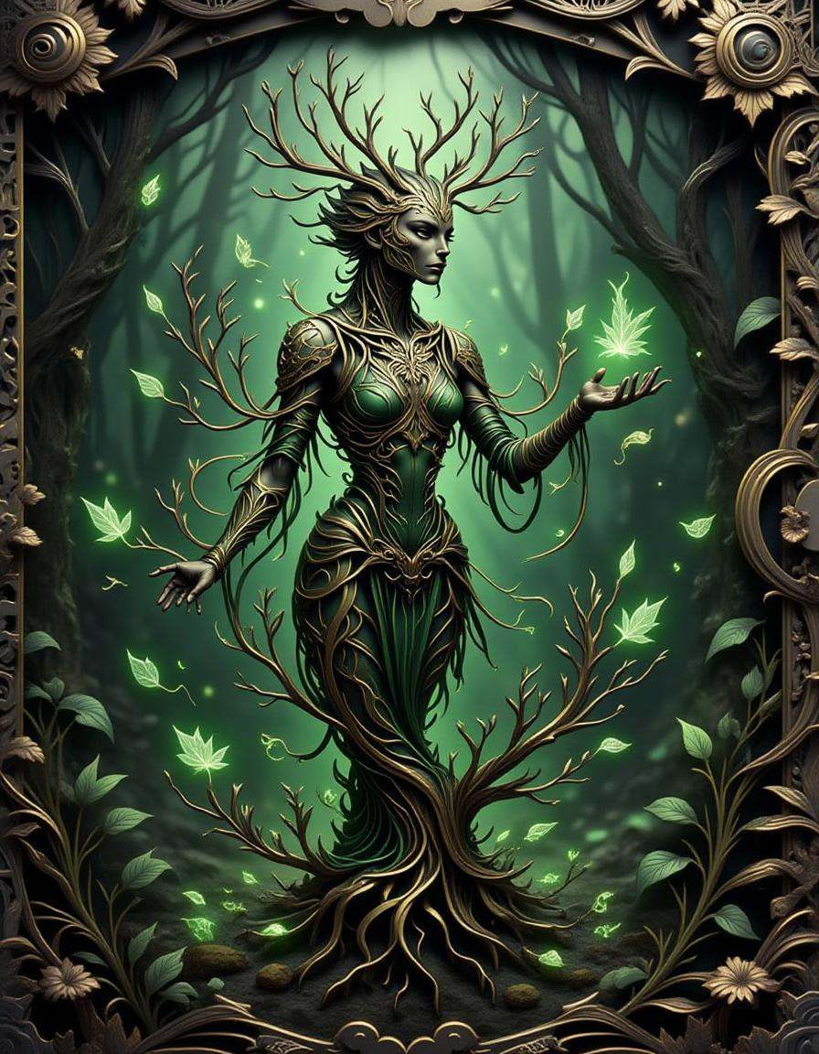 A highly detailed bronze and jade-green dimtlsclptr of a tree spirit,  the dimtlsclptr features smooth,  flowing ribbons o...
