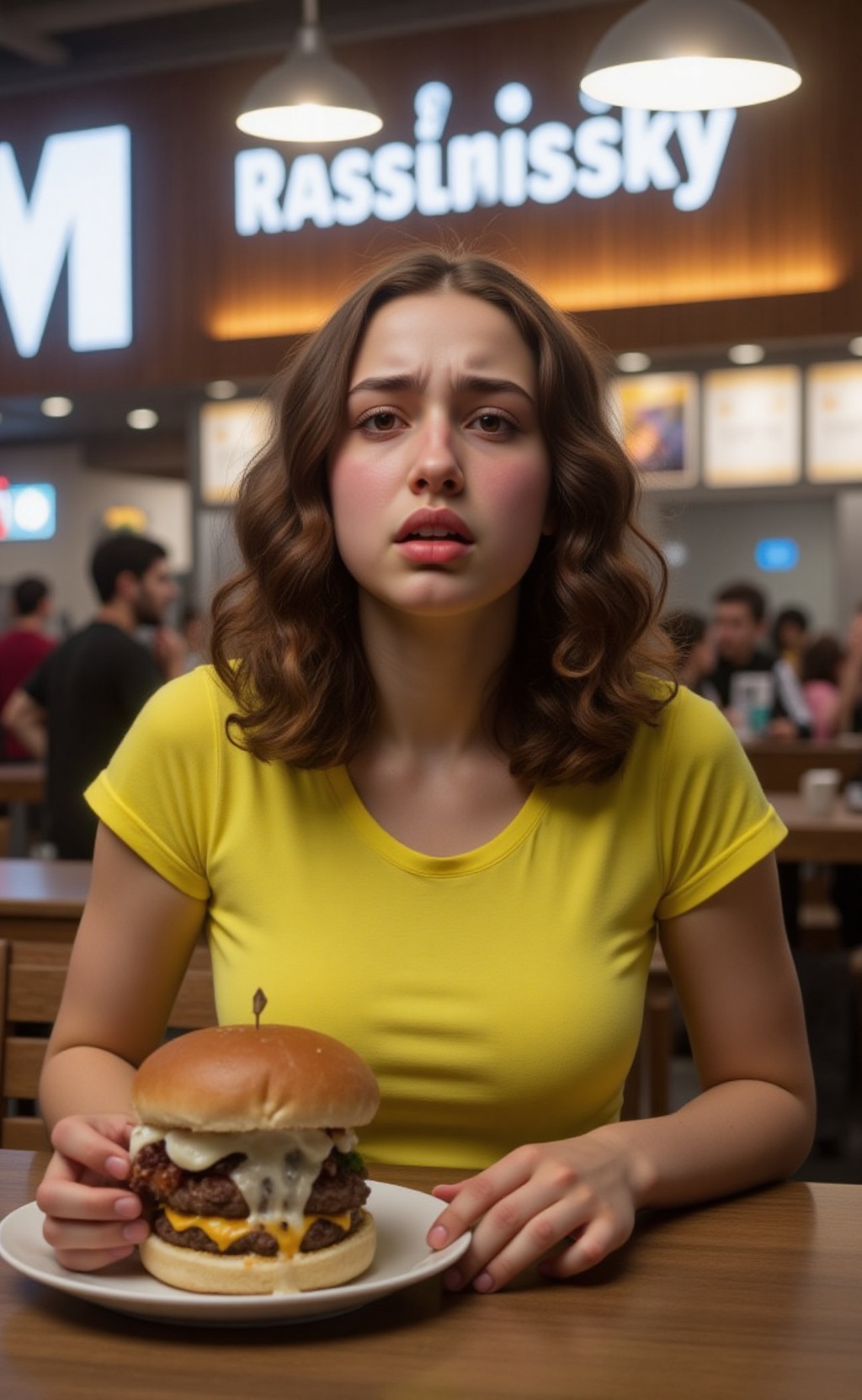 Upper body portrait,  sharp focus on face,  softly blurred background. A fast food restaurant on Tensor.Art