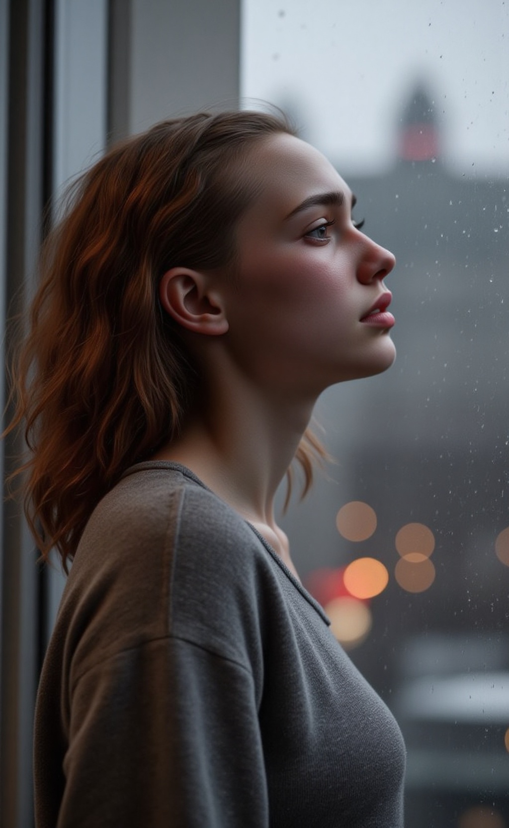 Scene/Subject: Portrait,  melancholic Location/Environment: Rainy window Lighting/Shadows/Contrast: Soft,  diffused light...
