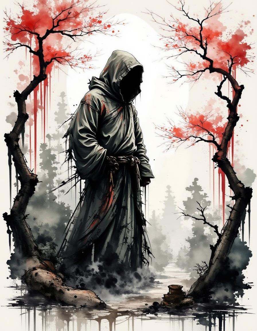 ink and brushstroke dismrt style,  bold paint drips cascading down,  dynamic red and black splatters in the background on...
