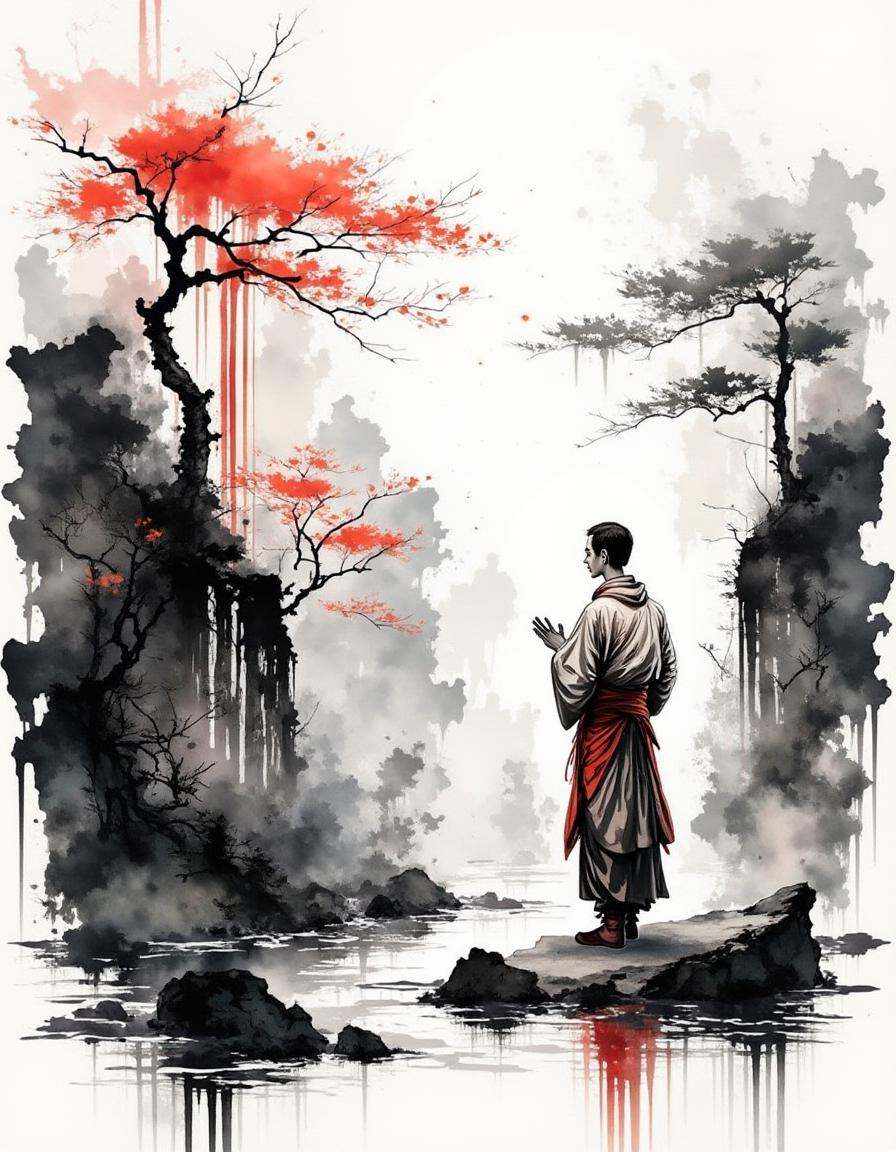 young warrior monk meditating by a tranquil river with a waterfall in the background,  his hands in a prayer position,  fo...