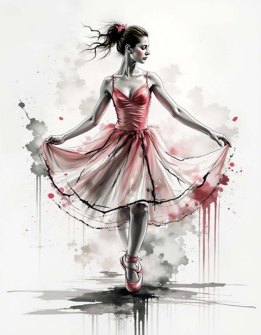 graceful ballerina in mid-pirouette,  illuminated by a single spotlight,  her dress flowing like petals around her on Tens...