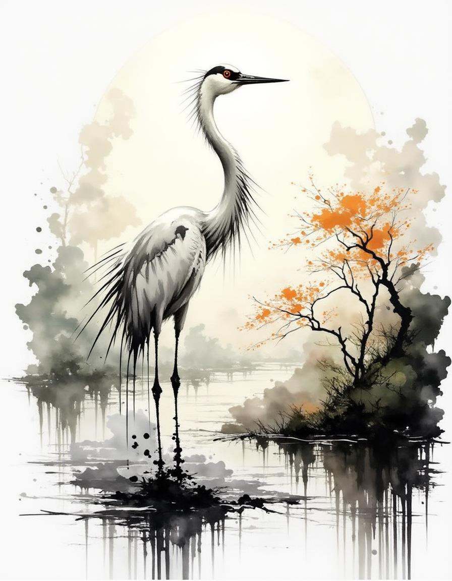 majestic white crane standing in a quiet marsh at dawn,  mist rising from the water as the sun’s first light touches the s...
