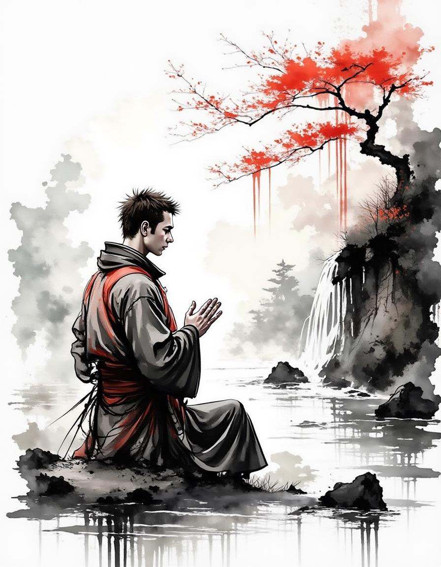 young warrior monk meditating by a tranquil river with a waterfall in the background,  his hands in a prayer position,  fo...