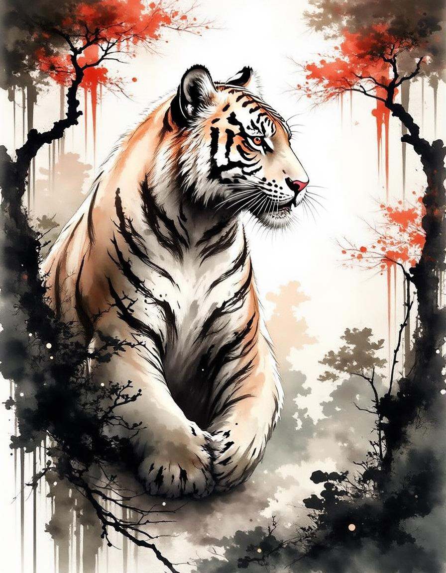 mythical white tiger prowling through dense forest foliage,  its eyes glowing with intensity,  muscles rippling under its...