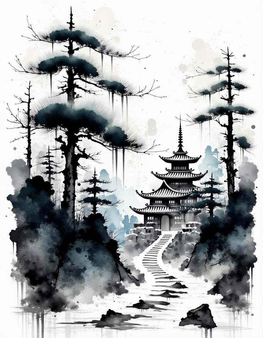ancient mountain temple covered in snow,  its stone steps surrounded by tall pine trees,  gentle snowfall in the backgroun...