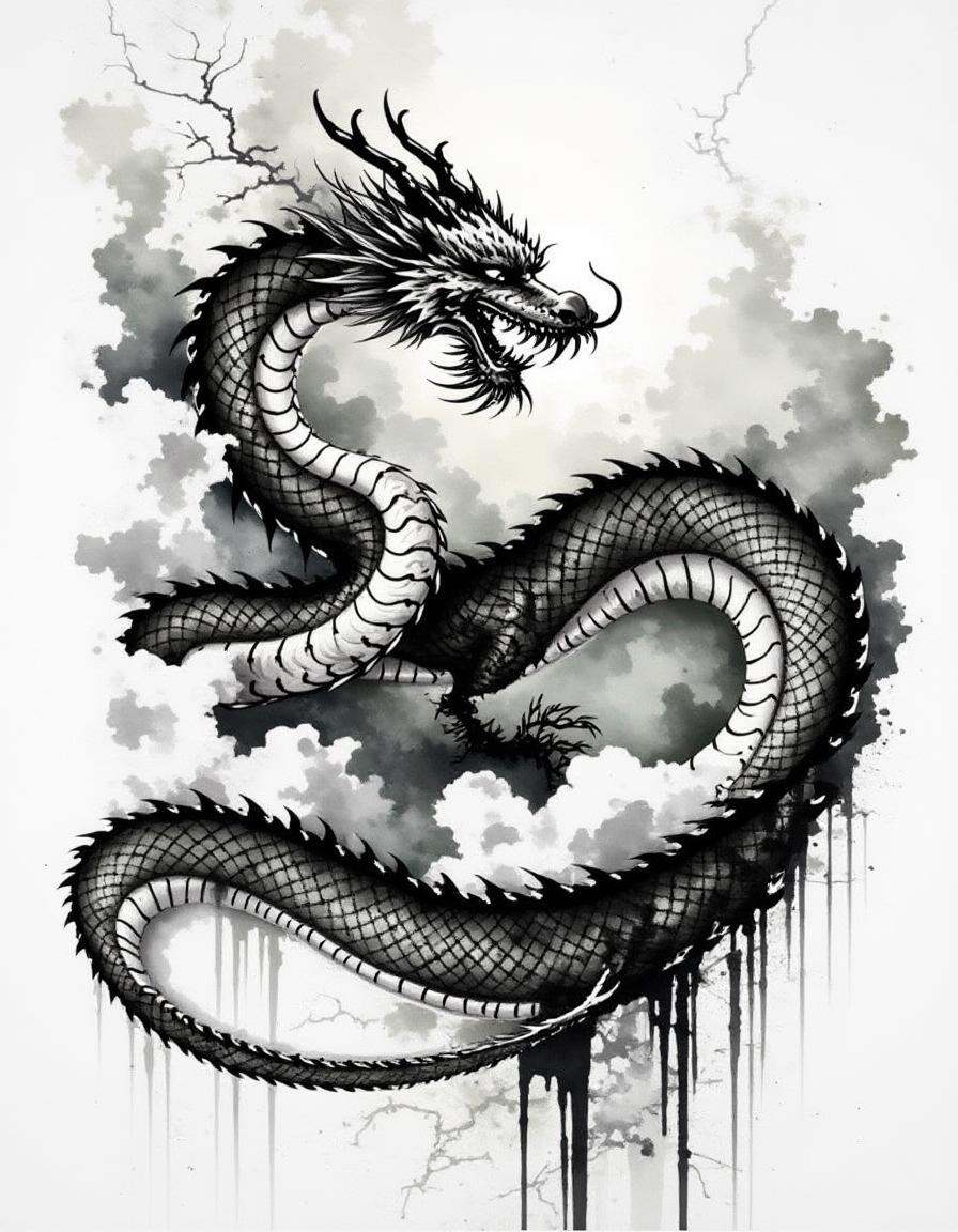 mythical dragon twisting through stormy clouds,  scales glistening as lightning illuminates the sky,  the creature forms e...