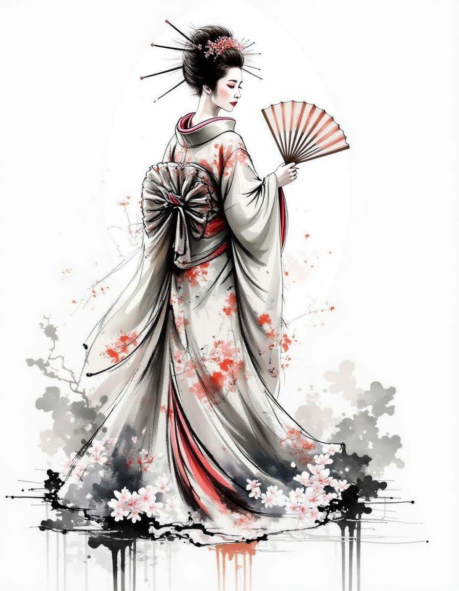 elegant geisha with a serene expression,  holding a delicate paper fan in front of her face,  her kimono flowing with intr...