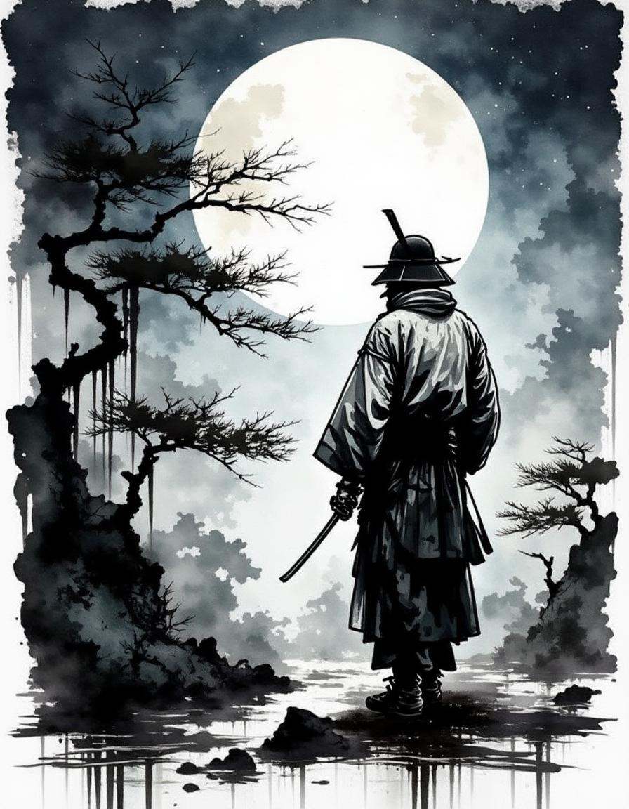 wandering samurai under a full moon,  his katana raised as he faces off against unseen enemies,  dark trees silhouetted ag...