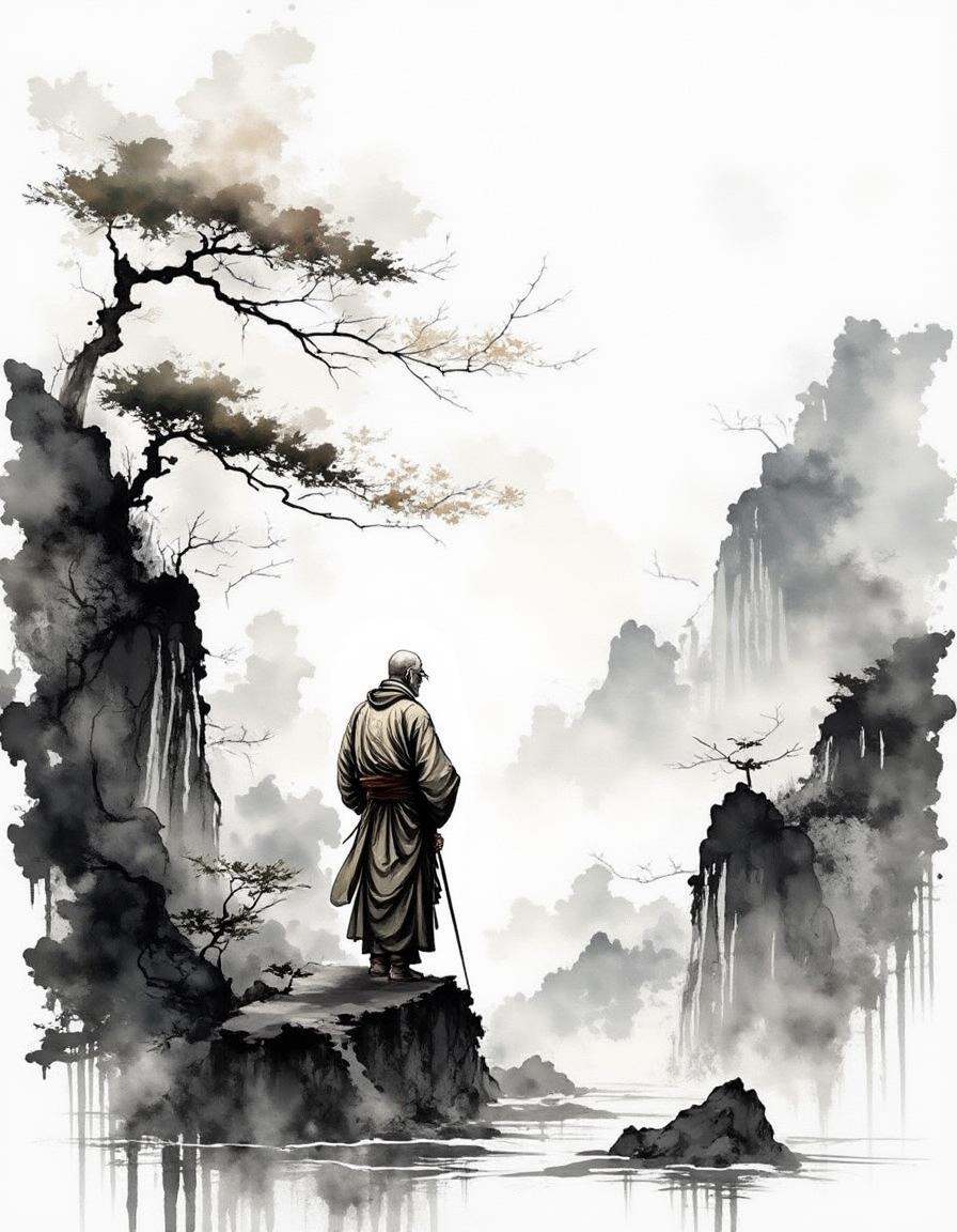 wise elder monk standing on a cliff edge,  staff in hand,  looking out over vast mountains on Tensor.Art