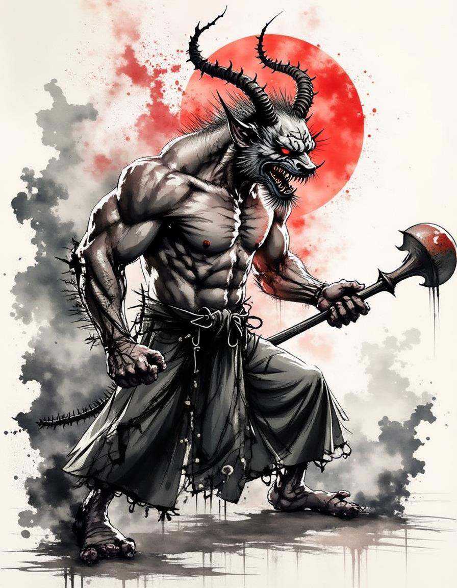 fierce oni demon emerging from dark smoke,  holding a massive club,  snarling with sharp fangs on Tensor.Art