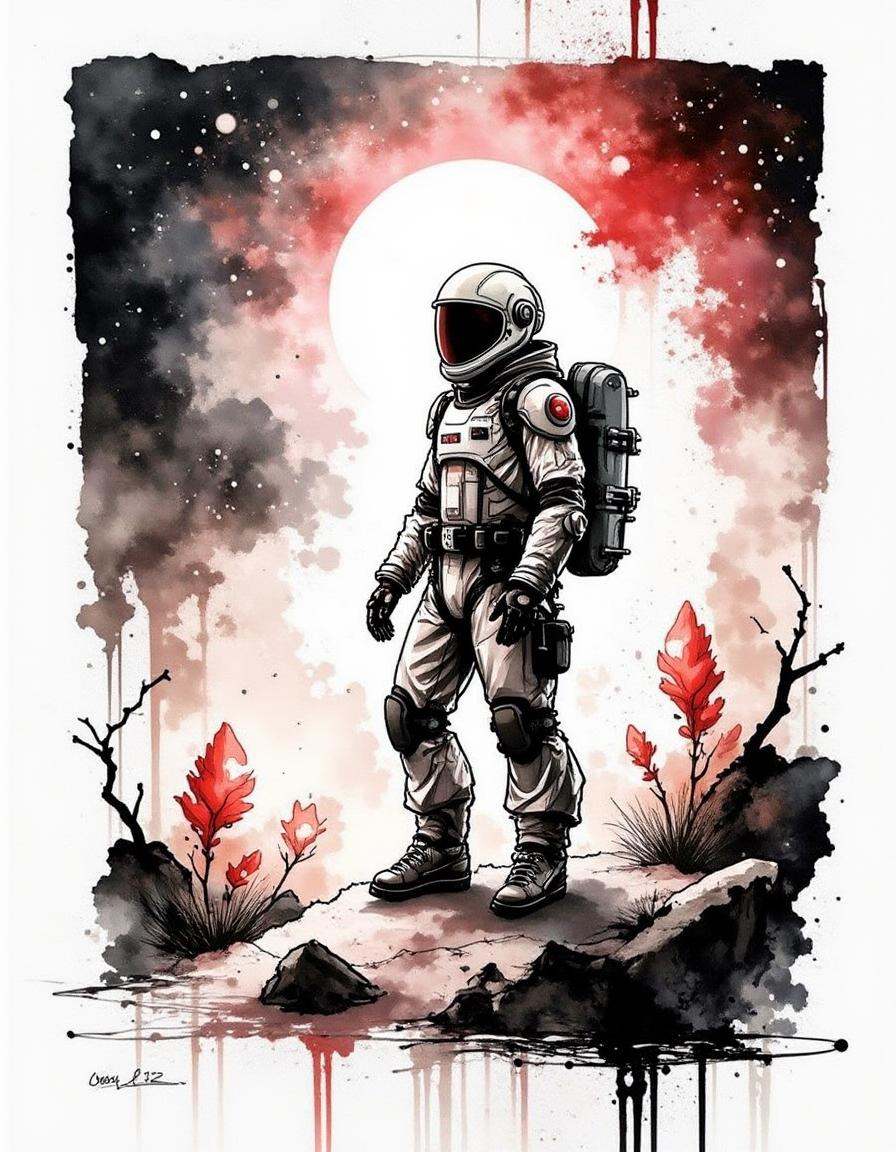 space explorer standing on the rocky surface of an alien planet,  strange plants and glowing crystals around them,  a dist...