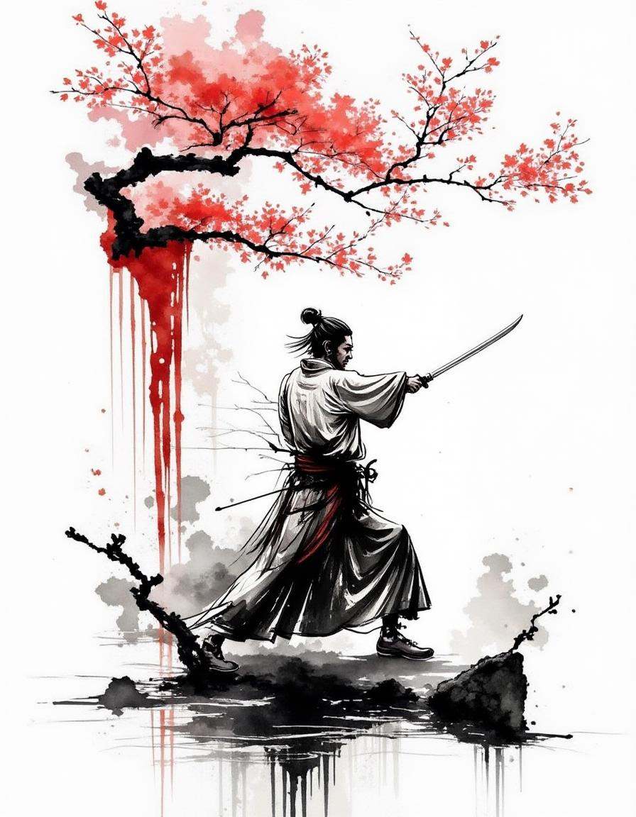 ink and brushstroke dismrt style art ((("Mystic Sumi"))),  ,  a warrior practices sword forms underneath a tree covered wi...